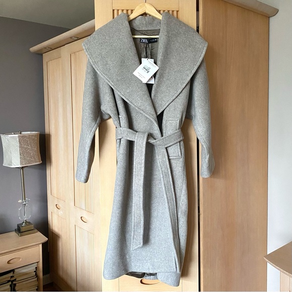 Zara large collar wool blend wrap belted coat grey - Picture 4 of 9